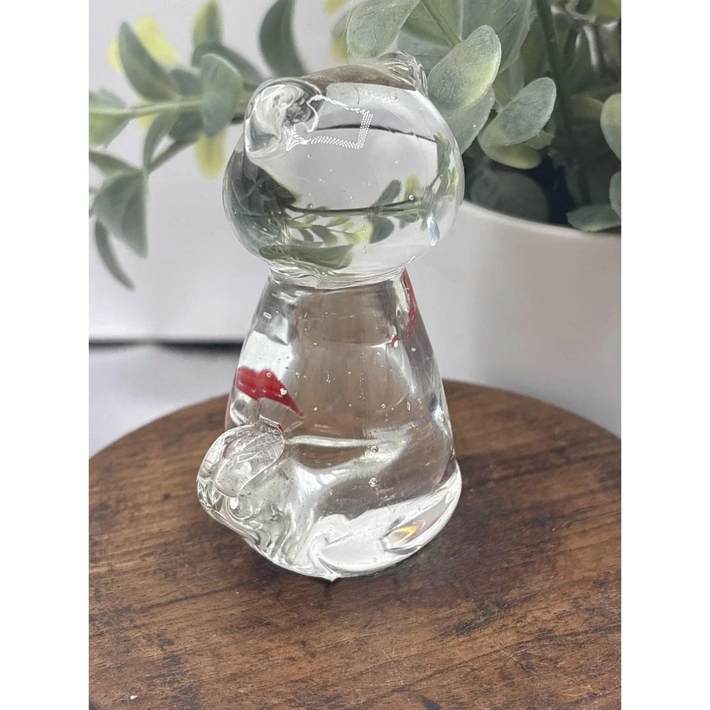 Glass Cat Figurine Clear Red Fish Inside Small Art Paperweight Animal Decor